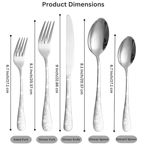 Image of aDai Sterling Silver Silverware Set | Satin Finish 20-Piece Flatware Set with Unique Floral Printed Handle | Dishwasher Safe Stainless Steel Cutlery for Home, Restaurant & Gifting