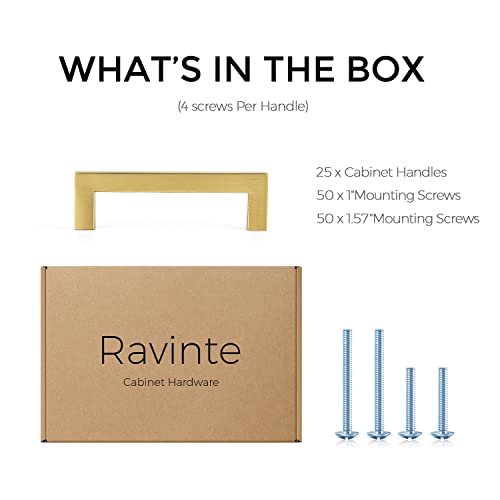 Image of Ravinte Gold Cabinet Handles Square Cabinet Pulls, 3-3 /4 Inch CC, 25 Pack | Stainless Steel Hardware Pulls, Smooth Bar Grip, Kitchen Cabinet Update, For Cabinets, Cupboards, Drawers, Furniture Projects