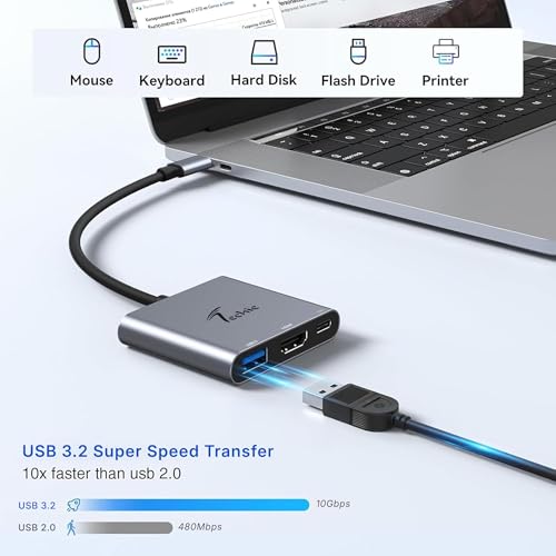 Image of Techie 3-in-1 Type-C HDMI Hub with 4K 60Hz Output 100W Power Delivery Charging and USB 3.2 10Gbps Port for MacBook iPad Pro Windows Laptops and Tablets