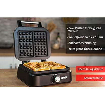 Unold 48275 Belgisches Waffeleisen Brüssel - Doppel-Waffelautomat, Temperaturregler zur Einstellung des Bräunungsgrades, Antihaftbeschichtete Platten, Teigauffang- Vorrichtung, 1.500 Watt, Schwarz – Bild 5