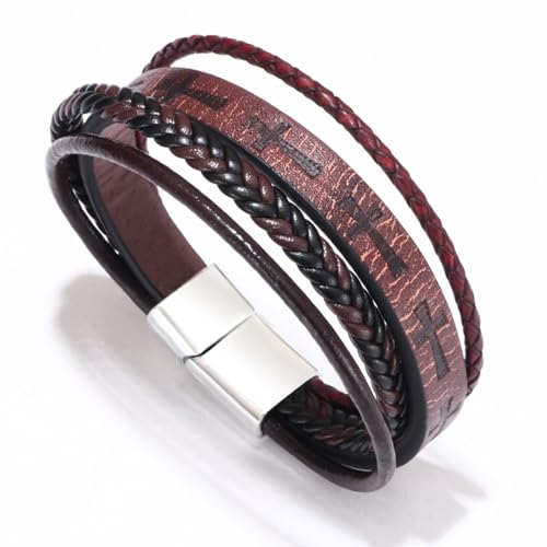 Fashion Multi-Layer Leather Cross Braided Rope Stackable Bracelet, Gratitude, Prayer Encouragement & Stress Relief, Christian Gift for Men & Women Believers (Coffee,21cm)