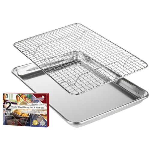 KITCHENATICS Small Quarter Sheet Baking Pan with Rack, Stainless Steel Baking Rack & Aluminum Cookie Sheet Baking Pan Toast Oven Tray w/Cooling Rack, 1/4 Sheet Pan & Wire Rack Set - 9.6" x 13" IN Pan