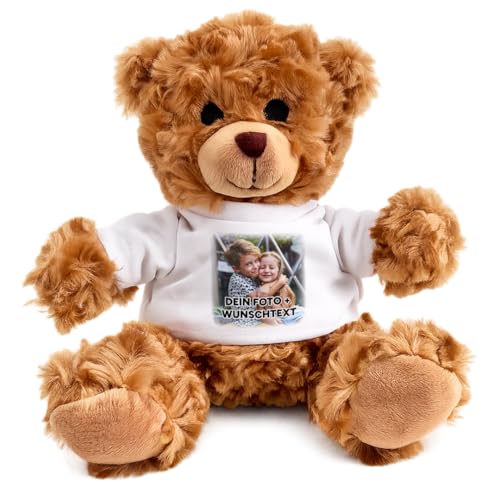 Kuscheltier Teddybär personalisiert Flauschiges Plüschtier mit weißem T-Shirt zum Bedrucken Weicher Teddybär für Babys & Kinder Geschenk zur Geburt & Geburtstag