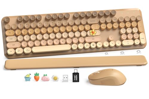 Image of Wireless Keyboard and Mouse Combo, Cute Retro Typewriter Keyboard with Round Keycaps, Full-Size Aesthetic Keyboard with Magnetic Wrist Rest, 2.4GHz USB for Windows /Mac Desktop Laptop (Latte Gradient)