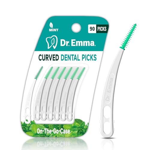 Dr. Emma Dental Picks Mint Curved Soft Rubberized Tooth Picks Easy to Use Brush Picks with Carry Case 90Ct