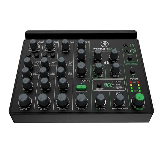 MACKIE MobileMix mezclador de 8 canales alimentado por USB para producción audiovisual, sonido en directo y streaming con instrumentos, micrófonos y Bluetooth