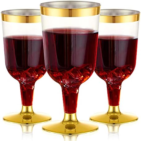 N9R 30 Pack Plastic Wine Glasses with Gold Rim, 6 Oz Plastic Wine glasses with Stem, Disposable Wine Cups Reusable Suitable for Party Weeding Birthday