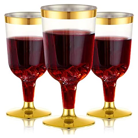 N9R 30 Pack Plastic Wine Glasses with Gold Rim, 6 Oz Plastic Wine glasses with Stem, Disposable Wine Cups Reusable Suitable for Party Weeding Birthday Cover