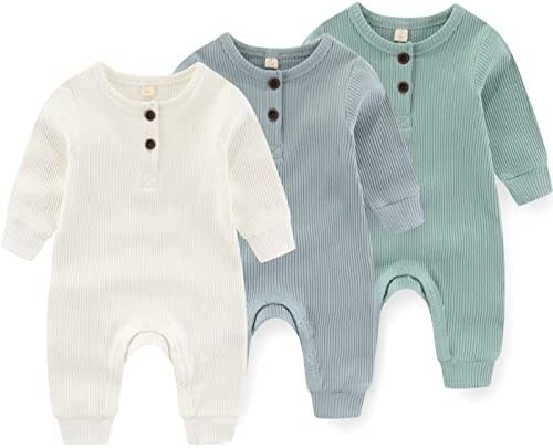 Newborn Baby Boys Girls One Piece Romper With Mitten Cuffs 3 Pack Long Sleeve Ribbed Button Jumpsuit Outfit Clothes white+blue+green 3 months