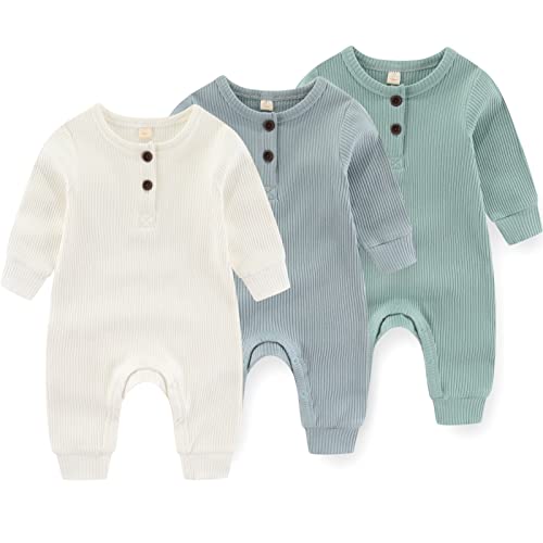 Image of IADOER Newborn Baby Boys Girls One Piece Romper With Mitten Cuffs 3 Pack Long Sleeve Ribbed Button Jumpsuit Outfit Clothes