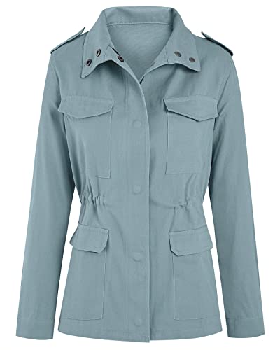 Soulomelody Womens Military Anorak Jacket Zip Up Snap Button Parka Safari Utility Coat Outwear with Pockets4