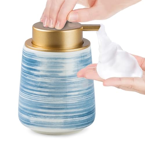 Modern Striped Style Gold Soap Dispenser for Bathroom, Ceramic Hand Soap Dispenser, Easy to Refill Liquid (Blue-Foam Pump)