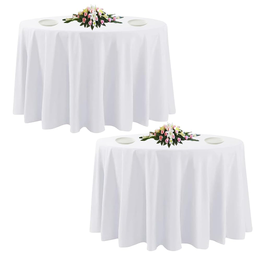 Photo 1 of 2 Pack White Round Tablecloths, 120 Inch Stain Resistant and Wrinkle Polyester Fabric Washable Table Clothes Cover for Kitchen Dining, Wedding, Reception Banquet, Birthday Party, Buffet Restaurant