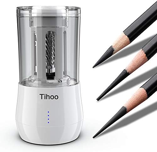 Tihoo Professional Art Pencil Sharpener, Rechargeable Electric Long Point Pencil Sharpeners for Artists Drawing and Sketching Use, Heavy Duty Auto Stop for Colored Pencils, Charcoal Pencils (White)