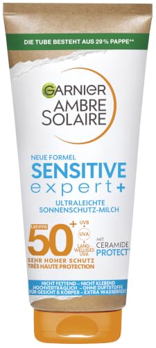 Garnier Sonnenschutzmilch mit LSF 50+ Sehr leichte und rückstandslose Sonnencreme für helle und empfindliche Haut Ambre Solaire Sensitive expert+ 1 x 175 ml