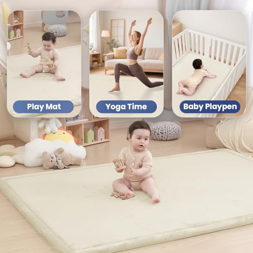Image of Baby Play Mat for Floor,1.3 inch Thick Elasti-Foam 50x50 Playpen Mat for Toddlers Infant Kids,Water-Repellent Soft Coral Velvet for Tummy Time,Non-Slip Backing for Crawling,Tatami Style(Cream)