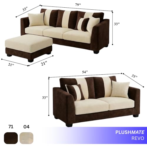 Image of Revo Plush Comfort Sofa Set | 3 Seater + 2 Seater with Ottoman | Luxury Velvet Suede Fabric | Modern Living Room Sofa | Dark Brown - Cream