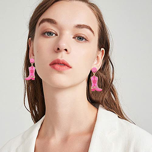 Beaded Cowgirl Boot Earring Western Cowboy Boots Earrings for Women Boho Beads Shoes Dangle Drop Earrings Y2k Jewelry Party Gift (pink)2