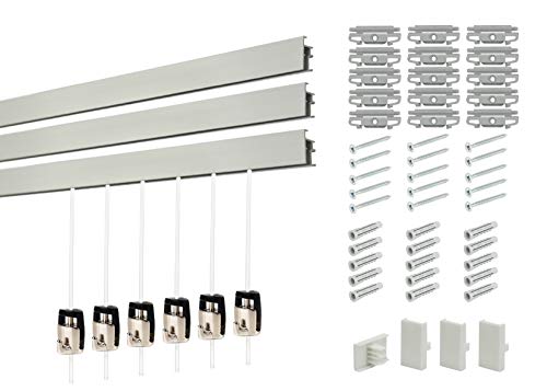 Shades Superior Design Clicktrack Heavy Duty Picture Hanging System Kit (3 Rails 6 Hooks and Clear Cords, Matte Silver Rails)