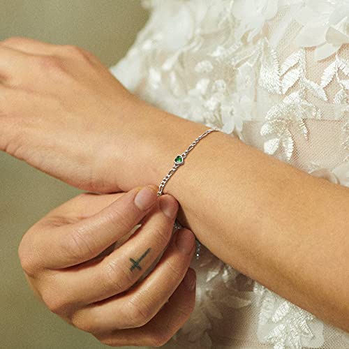 ChicSilver 925 Sterling Silver Heart/Round Birthstone Figaro Chain Bracelet for Women Mothers Day Birthday Jewelry Gifts (with Gift Box)3