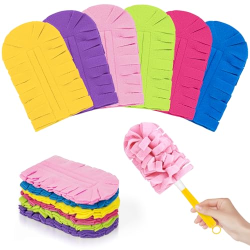 Image of 6 PCS Fleece Reusable Duster Refills for Swiffer, Washable Heavy Duty Duster Pads, 360 Cleaning Pads for Fan, Window, Furniture, Floor(Include 1 Handle)