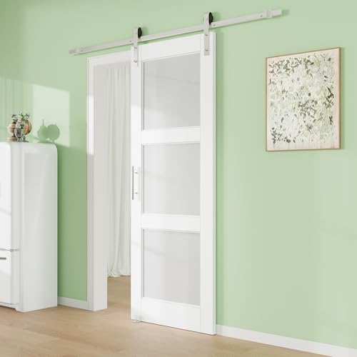 Image of 30 inch x 80 inch 5-Lites Solid Core MDF Panel Barn Door with Trimmable 72 inch Track Kit, Paintable Sliding Barn Doors for Closet Kitchen Bedroom Excellent Sound & Thermal Insulation, Nickel-Plated Hardware Kit