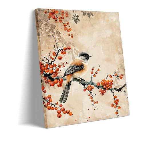 Peinture oiseau d'automne aquarelle sur toile encadrée