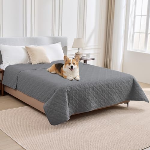 PAWFINITY Waterproof Dog Bed Covers, Pee Proof Pet Blanket, Paw Print Quilted, Pet Hair Resistant, Scratch-Resistant, Washable Furniture Protector for Bed, Couch and Sofa, 52x82 Inch, Grey