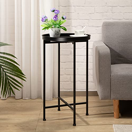 Hollyhome Small Round Metal Waterproof End Table, Accent Indoor&Outdoor Coffee Side Table, Snack Sofa Table For Living Room, Anti-Rust Decorative Plant Stand, (D) 14.5" X (H) 25", Matte Black #TOP7