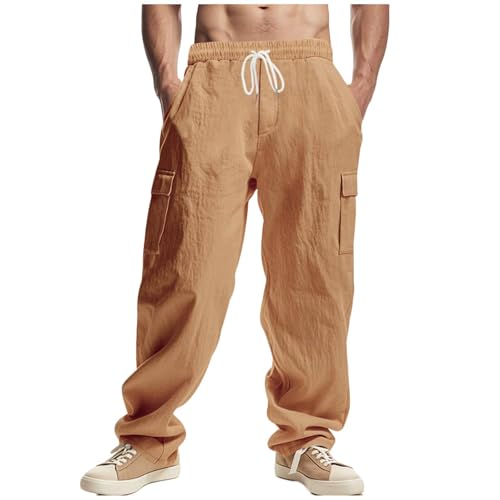 Cotton Linen Cargo Pants for Men Elastic Waist Solid Long Trousers Pockets Drawstring Comfort Trousers Classic Pant