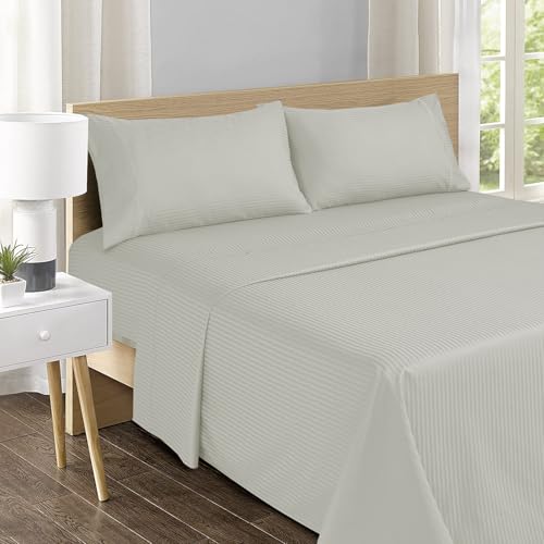 Image of Feather & Stitch 500 TC Split King Size Damask Bed Sheet Set, 100% Cotton Soft Breathable Bedsheets, 5 Piece 18 inch Deep Pockets Sateen Weave Striped Bedding Mattress Resort Hotel - (Blue Blush Stripe)