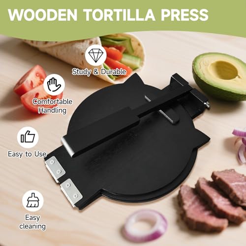 Image of Wooden Tortilla Press - Quesadilla Maker 10 Inch with 50 Parchment Paper & Dough Cutter, Bamboo Prensa para Tortillas Mexican Aplastador de Tortillera Press for Burritos, Taco, Corn Tortillas(Black)