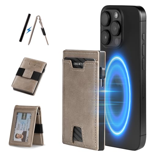 iwantit 3 in 1 MagSafe Wallet: Slim Bifold Money Clip - Smart Pop up Card Holder - Cash Strap, Mens Minimalist Magnetic Wallet, Apple Wallet for iPhone, ID Window, Premium Leather, RFID Blocking