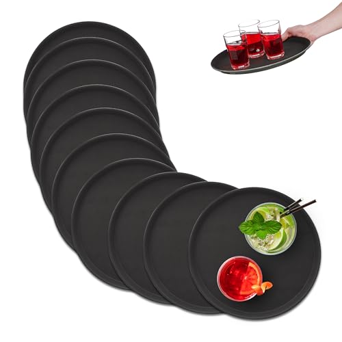 Relaxdays Serviertablett im 10er Set, rutschfeste Oberfläche, rundes Kellnertablett, Gastronomie, Ø 35 cm, schwarz