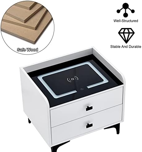 LEMROE Smart Bedside Table with Wireless Charging Bedside Cabinet with LED Light Nightstand Organiser with High Gloss Front for Bedroom Living Room Storage (1, black and white, D41 × W53 × H45cm)