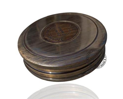 Brújula con reloj de sol redondo de latón antiguo negro de 3 pulgadas con caja de madera miniatura 4