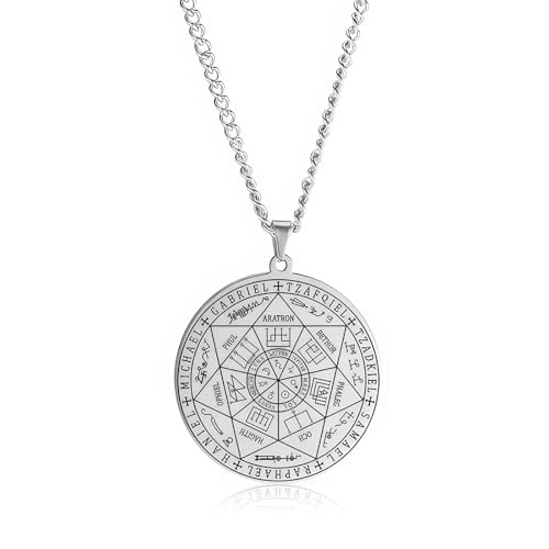 DHWEKU Collier Talisman de Médaille Sceau des 7 Archanges pour Homme Femme Talisman Pentagramme Acier Inoxydable Pendentif Amulette Protection Magique Chaine Homme...