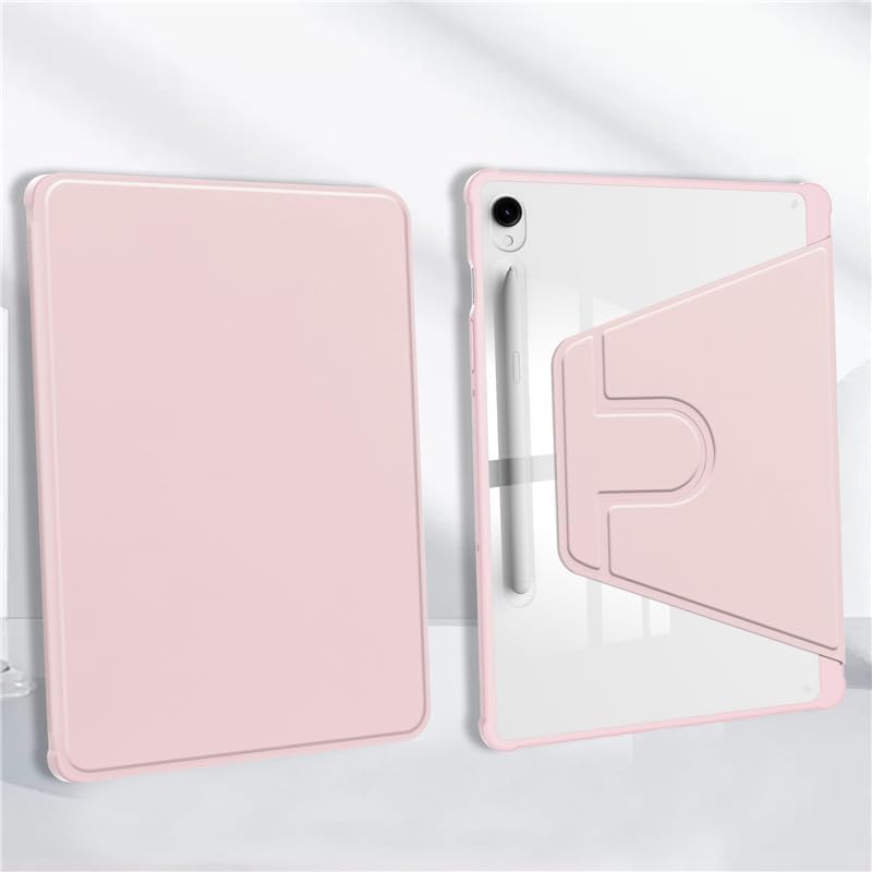 Rotating Case for Samsung Galaxy Tab S7 FE/S8 Plus/S7 Plus 12.4 Inch,360 Degree Rotation Protective Stand Smart Tablet Slim Hard Shell Cover Clear Back,with S Pen Holder Auto Wake/Sleep (Pink)
