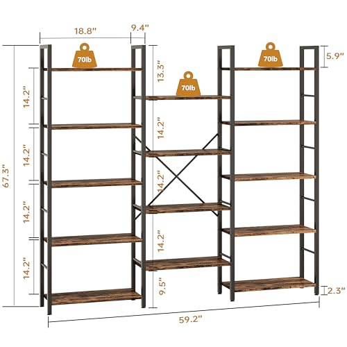 Shintenchi Triple Column 5 Tier Bookshelf, Industrial Large Bookcase Display Shelves, Large Etagere Bookshelf,Wide Book Shelf Book Case for Home & Office, Rustic Brown - Image 4