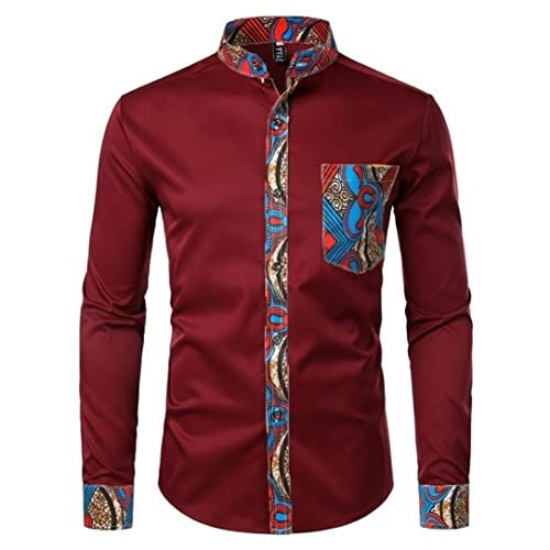 Chemise africaine Dashiki bordeaux taille S à manches longues pour homme