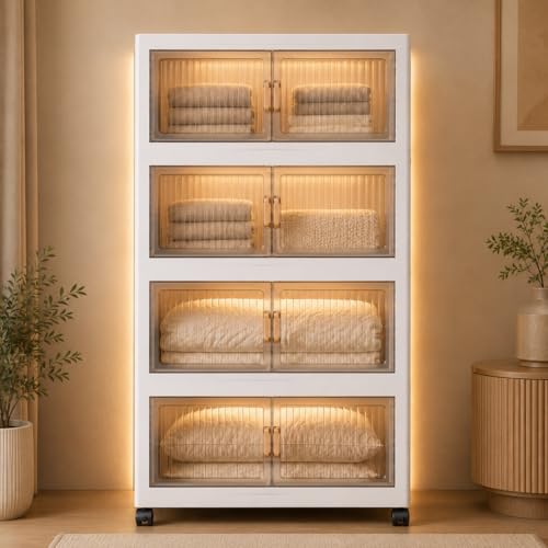 Image of KRISHYAM Modular Plastic Storage Cabinet with Translucent Doors & Wheels | Multi-Tier Clothes & Utility Organizer | Dustproof Freestanding Wardrobe (4 Layer - 4 Transparent Door (White))