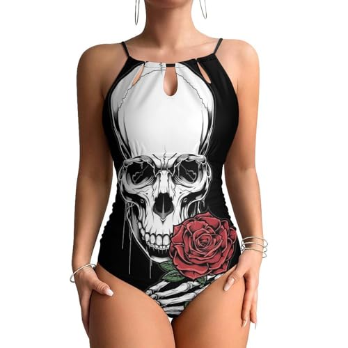 Maillot de bain une pièce avec motif crâne rose et décolleté dos élégant