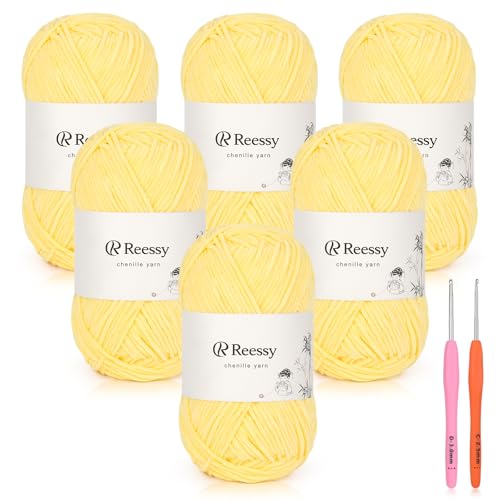 Image of Skinny Chenille Yarn for Crocheting - 6 Pack of 50g /158yd (948yd Total) - Soft Matte Thin Chenille CYC #2 - Fine Weight Baby Yarn for Plush Toys, Baby Blankets & Small Crafts(Sun Yellow)