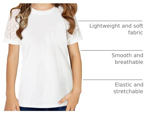 Image of Girls Summer Short Sleeve Shirts Lace Casual Cute Crew Neck Solid Color Blouses Tops Sizes 6-15 Years