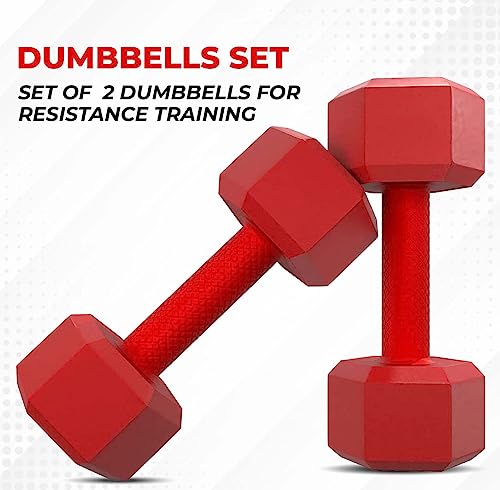 Image of De Jure Fitness PVC Hex Dumbbells Pair for Strength Training & Home Gym Workout | Anti-Slip Encased Coating, Full Body Fitness, 2kg Pair, Red