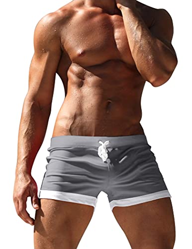 Coofandy Men's Swimwear Swimsuits Solid Basic Swim Boxer Trunks Board Shorts With Zipper Pockets Grey #TOP6
