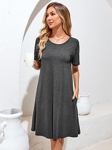 Image of Women's Summer Dresses 2026 Casual T Shirt Dress Short Sleeve Loose Flowy Sundress Swing Tunic Dress with Pockets Dark Grey
