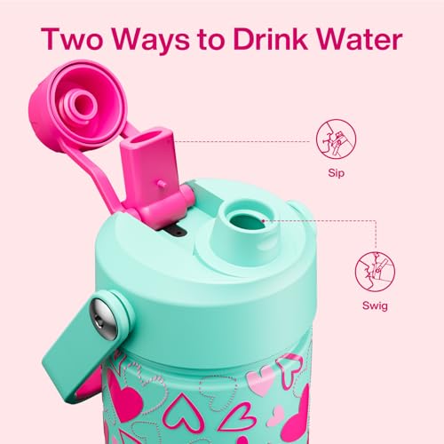 Image of ENCOOL Insulated Water Bottle with Straw Stainless Steel Water Bottle, Leak-Proof, BPA-Free, Keeps Cold for 24 Hours for Sports, Travel, School (26 oz, Sweet Hearts Pink x Mint)