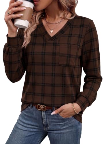 WIHOLL Womens Tops V Neck Shirts for Women Blouses Dressy Casual Business Casual Fall Winter Tunic Chocolate Brown Plaid XL — view 2