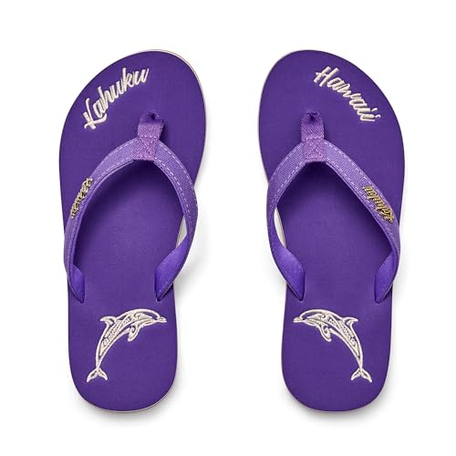 Kahuku Slippahs Women's Flip-Flops with Soft Cotton Toe Post, Supersoft Footbed and Embroidered Design - Guaranteed Comfort - Purple Dolphin - UK 5 - Image 5
